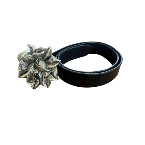 Vintage Rock Rebel Rose Silver Western Goth Buckle Black Leather Belt SZ 38 - Picture 3 of 10